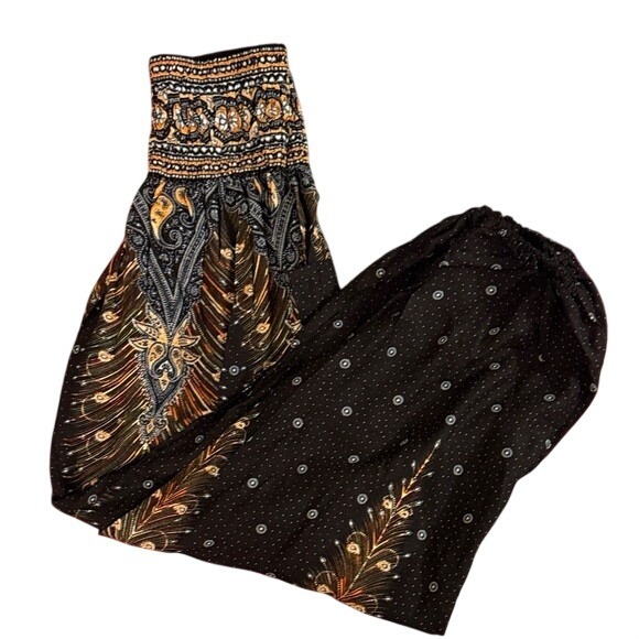 Banjamath Other - Banjamath Boho Peacock Feather Print Harem Pants Women's Size L Rayon
